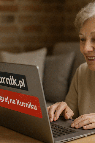 Starsza kobieta siedzi przy stole z laptopem i z uśmiechem gra online na stronie Kurnik.pl, ciesząc się rozrywką i kontaktem z innymi przez Internet.