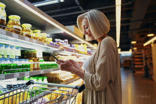 Aplikacja Listonic – lista zakupów krok po kroku 3 Seniorka robi zakupy w supermarkecie, sprawdzając listę zakupów w aplikacji na smartfonie.