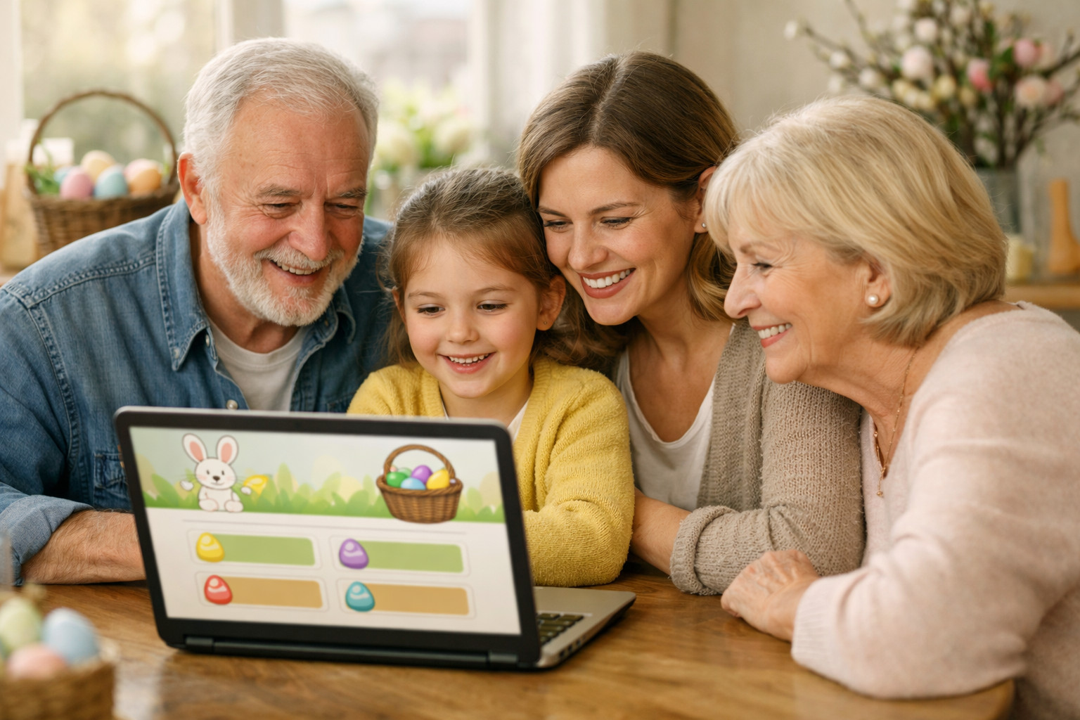Rodzina wielopokoleniowa grająca razem w teleturniej online na laptopie – dziadkowie, mama i dziecko wspólnie rozwiązują wielkanocne zagadki i dobrze się bawią przy komputerze