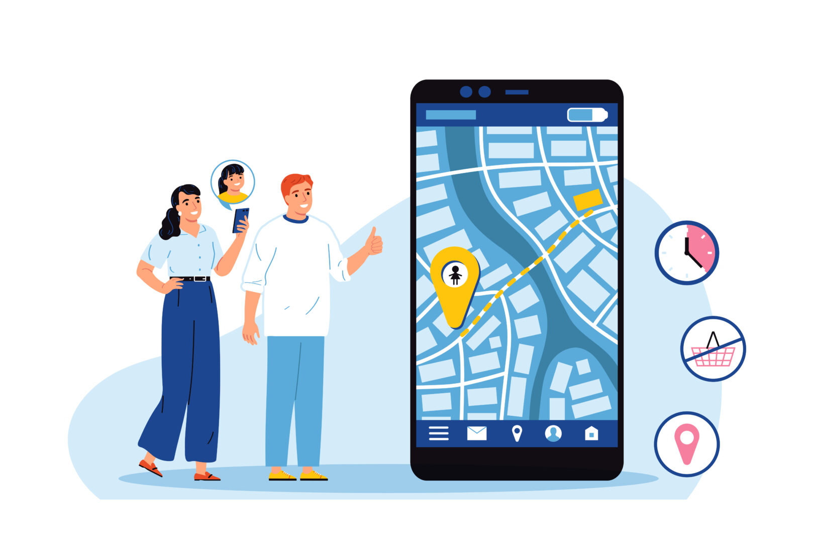 Jak sprawdzić gdzie jest bliska osoba – ilustracja z mapą w telefonie i rodziną śledzącą lokalizację.