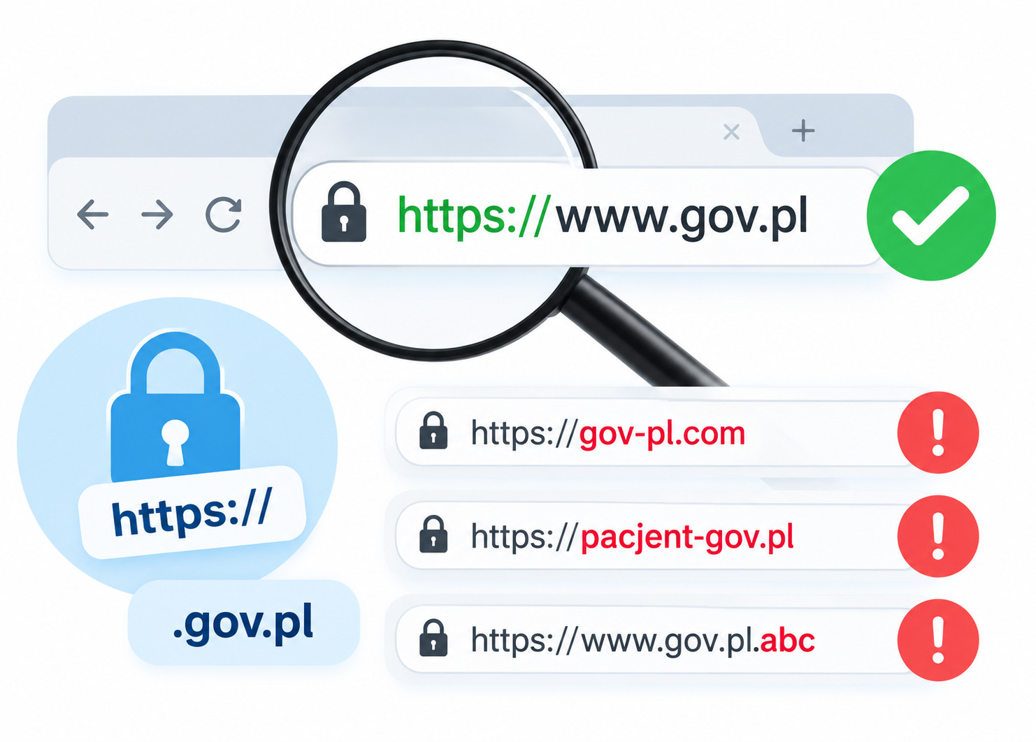 Grafika pokazuje przykłady adresów internetowych – prawidłowy adres gov.pl oraz podobne, podejrzane adresy. Widoczne są także symbole kłódki, HTTPS, lupa oraz oznaczenia poprawnego i błędnych adresów.