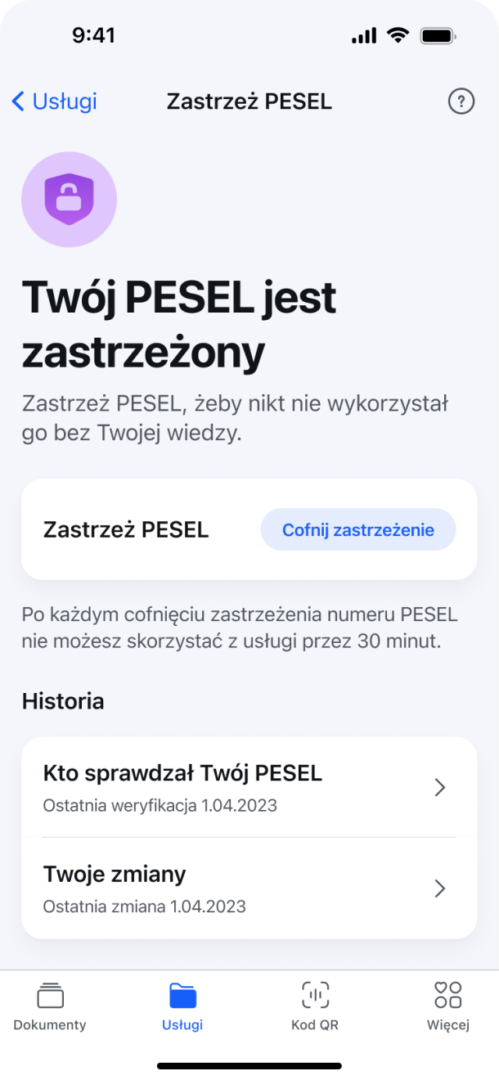 Ekran aplikacji mObywatel: usługa „Zastrzeż PESEL” umożliwia zabezpieczenie numeru PESEL przed wykorzystaniem przez oszustów."