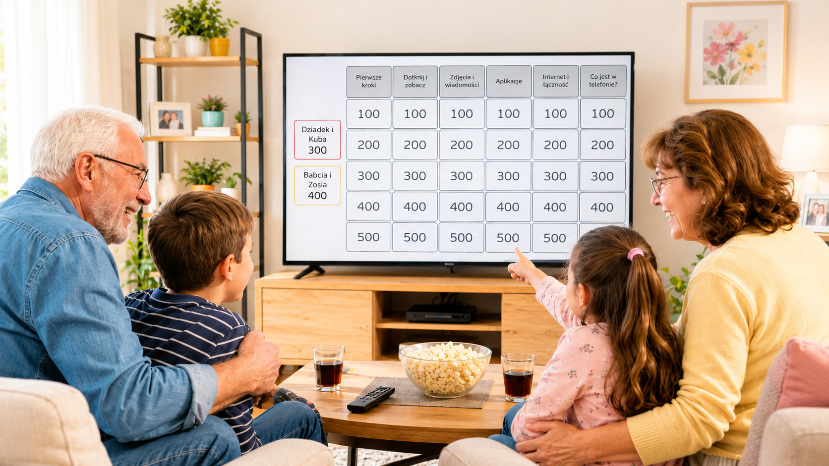Rodzina gra w teleturniej cyfrowy w jasnym salonie – dziadek z wnuczkiem oraz babcia z wnuczką siedzą przed telewizorem z planszą quizu o smartfonie, internecie i aplikacjach.