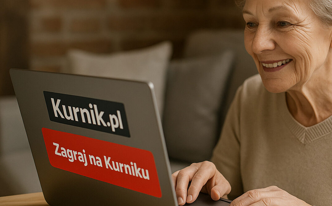 Starsza kobieta siedzi przy stole, uśmiechając się do ekranu laptopa. Na monitorze widać stronę z napisem „Kurnik.pl – Zagraj na Kurniku”. Kobieta wygląda na zaangażowaną i zadowoloną z gry online.