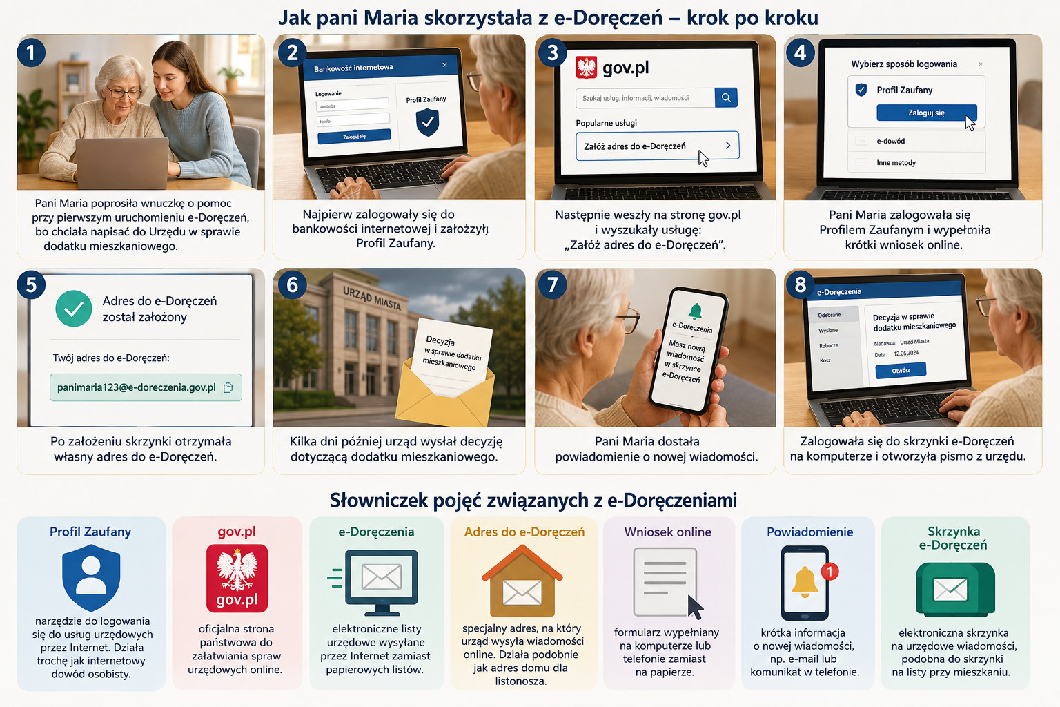 e-Doręczenia dla seniorów – jak wysyłać i odbierać pisma urzędowe przez Internet 1 Infografika krok po kroku pokazująca, jak senior korzysta z e-Doręczeń: założenie Profilu Zaufanego, wejście na gov.pl, utworzenie adresu do e-Doręczeń, odbieranie powiadomienia i odczytanie pisma z urzędu online. Poradnik e-Doręczenia dla seniorów.