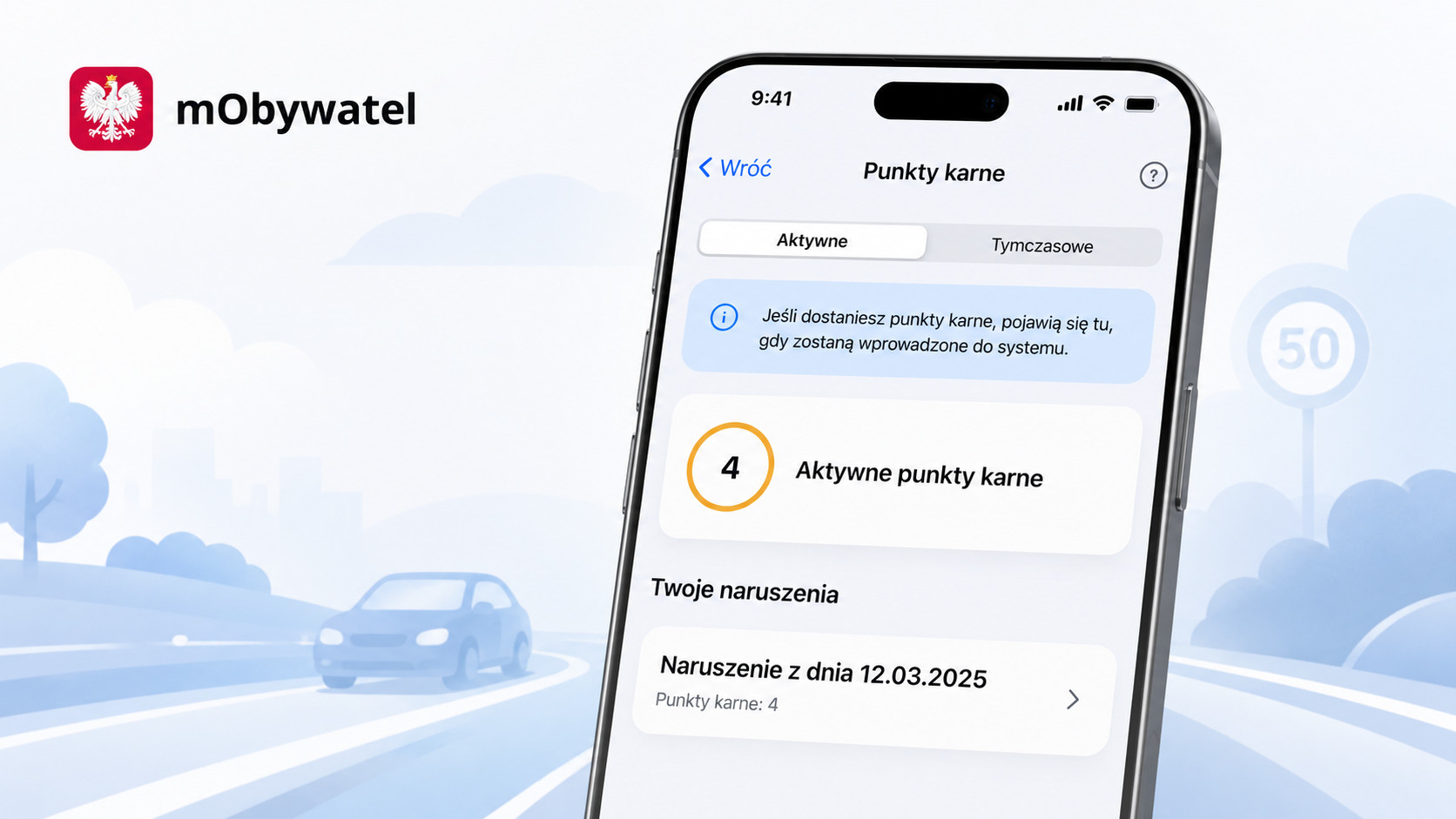 Punkty karne w mObywatelu – telefon z ekranem usługi pokazującej aktywne punkty karne kierowcy