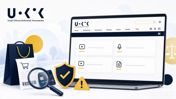 UOKiK dla seniorów – grafika z logo UOKiK, ikonami zasobów edukacyjnych oraz symbolami bezpiecznych zakupów i ochrony konsumenta