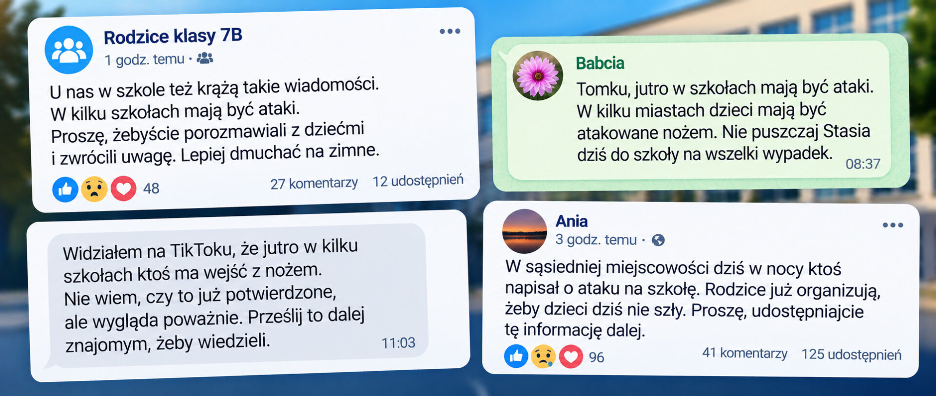 Dezinformacja. Jak plotka zamienia się w panikę? 2 Grafika przedstawiająca cztery przykładowe wiadomości i wpisy z mediów społecznościowych dotyczące rzekomych ataków na szkoły. Rodzice i bliscy ostrzegają przed zagrożeniem, odradzają wysyłanie dzieci do szkoły i zachęcają do przekazywania informacji dalej. Kolaż ilustruje, jak niepotwierdzone wiadomości rozprzestrzeniają się w Internecie.