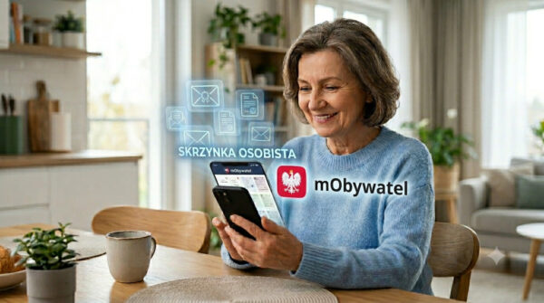 Seniorka korzysta ze smartfona z aplikacją mObywatel i funkcją Skrzynka Osobista. Grafika przedstawia wygodny odbiór i wysyłanie urzędowej korespondencji przez internet bez wychodzenia z domu.