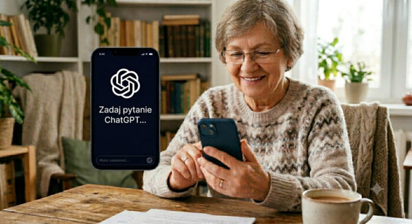 Uśmiechnięta starsza kobieta w okularach i beżowym swetrze korzystająca ze smartfona przy drewnianym stole. Obok widoczny jest ekran telefonu z oficjalnym, ciemnym interfejsu aplikacji ChatGPT oraz białym logotypem OpenAI na środku.