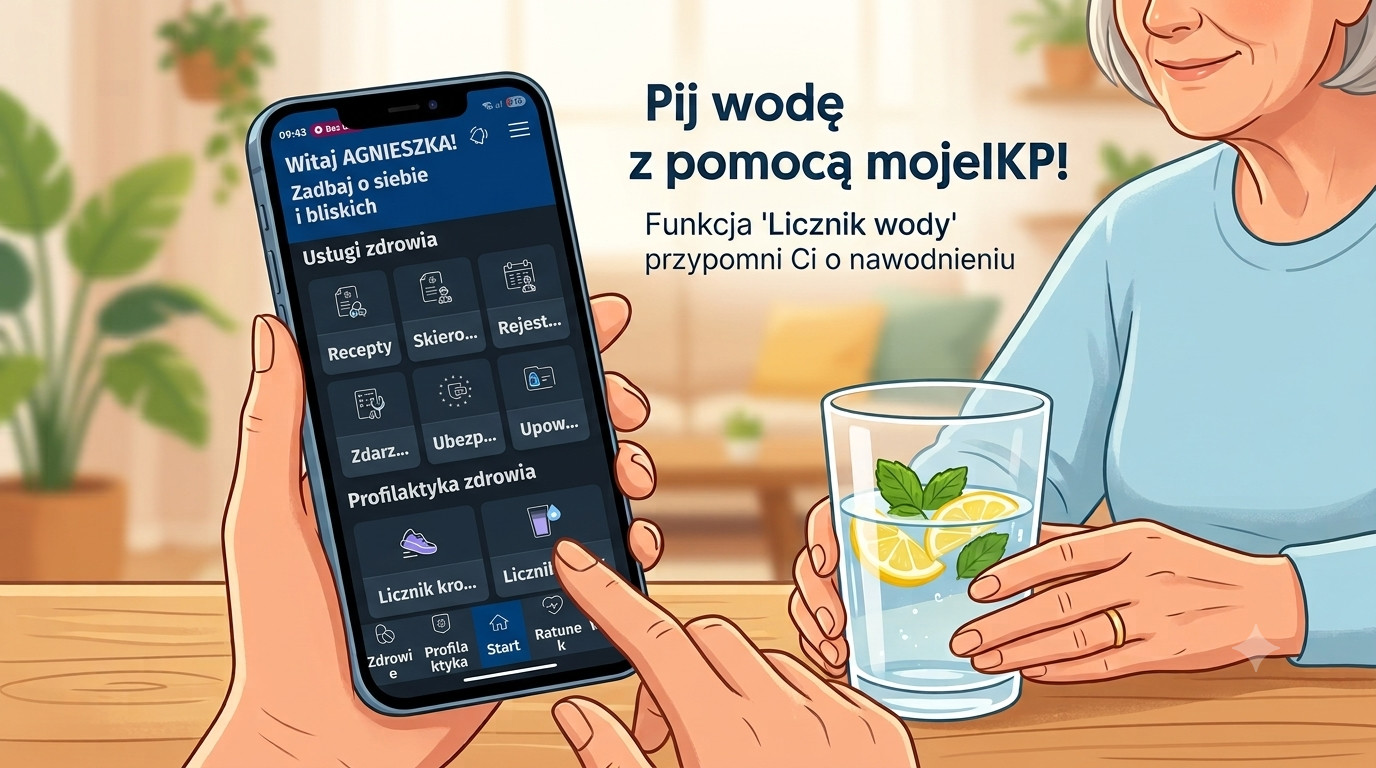Pij wodę z pomocą mojeIKP — senior sprawdza w telefonie funkcję Licznik wody.