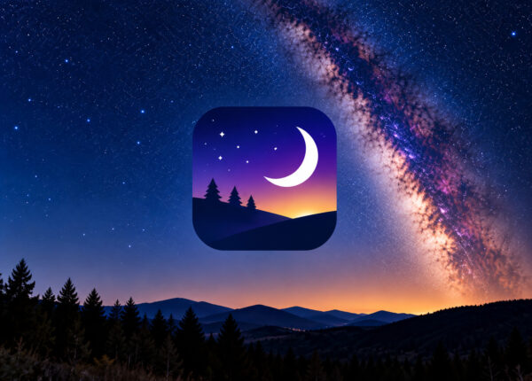 Grafika przedstawia rozgwieżdżone nocne niebo z Drogą Mleczną nad górami. Na środku widoczne jest logo aplikacji Stellarium z półksiężycem i gwiazdami.
