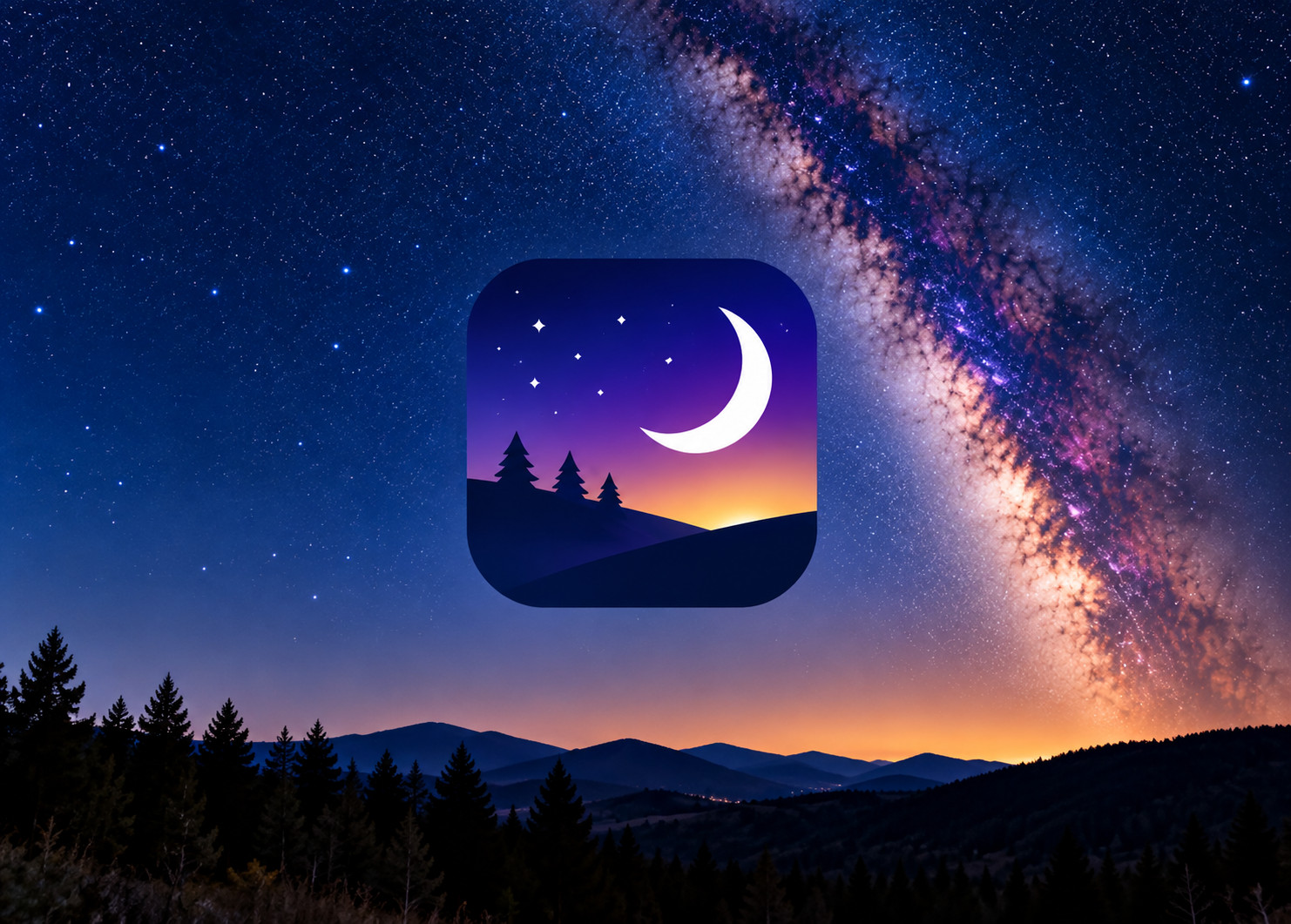 Grafika przedstawia rozgwieżdżone nocne niebo z Drogą Mleczną nad górami. Na środku widoczne jest logo aplikacji Stellarium z półksiężycem i gwiazdami.