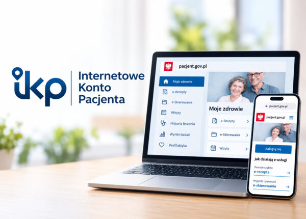 Grafika przedstawia Internetowe Konto Pacjenta (IKP). Obok logo IKP widoczne są laptop i smartfon z serwisem pacjent.gov.pl oraz dostępem m.in. do e-recept, e-skierowań i wizyt.
