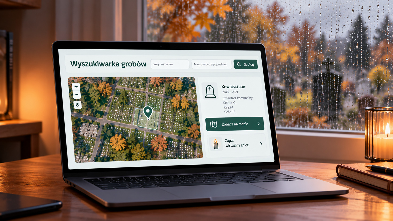 Laptop z wyszukiwarką grobów i mapą cmentarza, obok jesienne okno z kroplami deszczu i zapalony znicz.