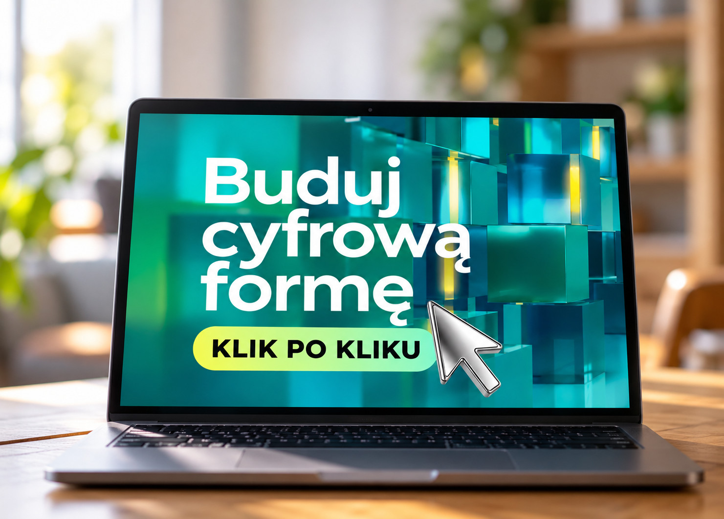 Laptop na stole w domowym wnętrzu z rozmytym tłem. Na ekranie grafika kampanii z napisem „Buduj cyfrową formę – klik po kliku” i symbolem kursora.
