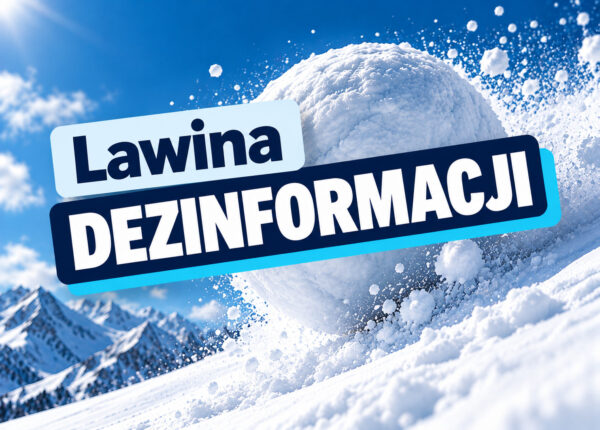 Grafika z napisem „Lawina dezinformacji” na tle ogromnej kuli śnieżnej staczającej się po górskim zboczu. Wokół unoszą się bryły i drobiny śniegu, symbolizujące szybkie rozprzestrzenianie się fałszywych informacji.