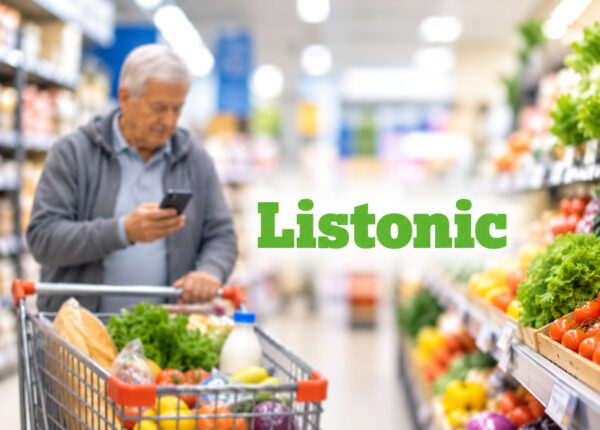 Starszy mężczyzna robi zakupy w supermarkecie, korzystając ze smartfona. Na pierwszym planie widoczne jest logo aplikacji Listonic.