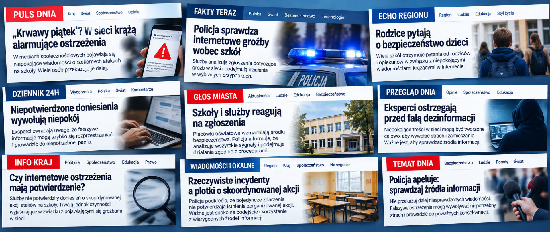 Dezinformacja. Jak plotka zamienia się w panikę? 1 Kolaż dziewięciu fikcyjnych portali informacyjnych z nagłówkami dotyczącymi „krwawego piątku”, gróźb wobec szkół, działań policji i rozprzestrzeniania się dezinformacji. Artykułom towarzyszą zdjęcia radiowozu, szkoły, uczniów, sali lekcyjnej i urządzeń elektronicznych.