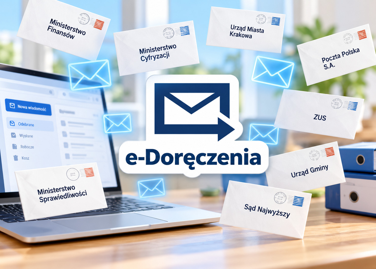 Logo e-Doręczeń na pierwszym planie. Wokół widoczne są koperty z nazwami różnych urzędów i instytucji oraz symbole wiadomości elektronicznych. W tle znajduje się laptop z widokiem skrzynki odbiorczej.
