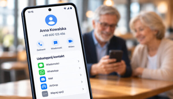 Smartfon z ekranem udostępniania kontaktu i numeru telefonu. W rozmytym tle starsza kobieta i mężczyzna korzystają z telefonu w kawiarni. Ilustracja do poradnika, jak udostępnić kontakt na Androidzie i iPhonie.