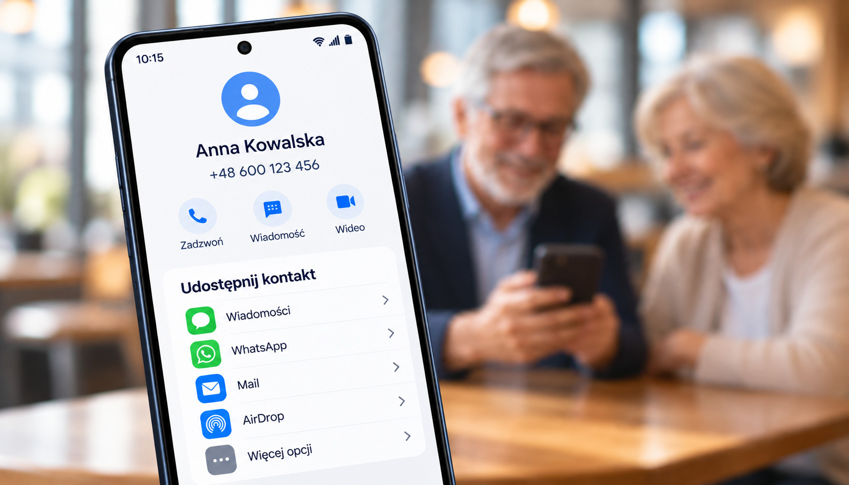 Smartfon z ekranem udostępniania kontaktu i numeru telefonu. W rozmytym tle starsza kobieta i mężczyzna korzystają z telefonu w kawiarni. Ilustracja do poradnika, jak udostępnić kontakt na Androidzie i iPhonie.
