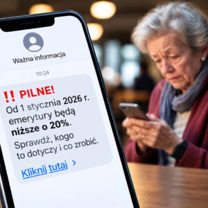 Na pierwszym planie telefon z sensacyjną, fałszywą wiadomością o obniżeniu emerytur o 20% i linkiem „Kliknij tutaj”. W rozmytym tle starsza kobieta z niepokojem spogląda na swój telefon.