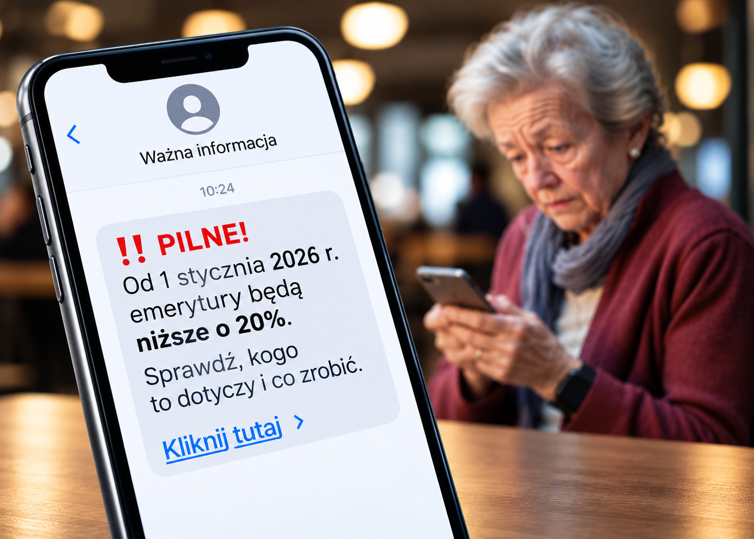 Fałszywe wiadomości w telefonie – sensacyjny komunikat o obniżeniu emerytur i zaniepokojona starsza kobieta