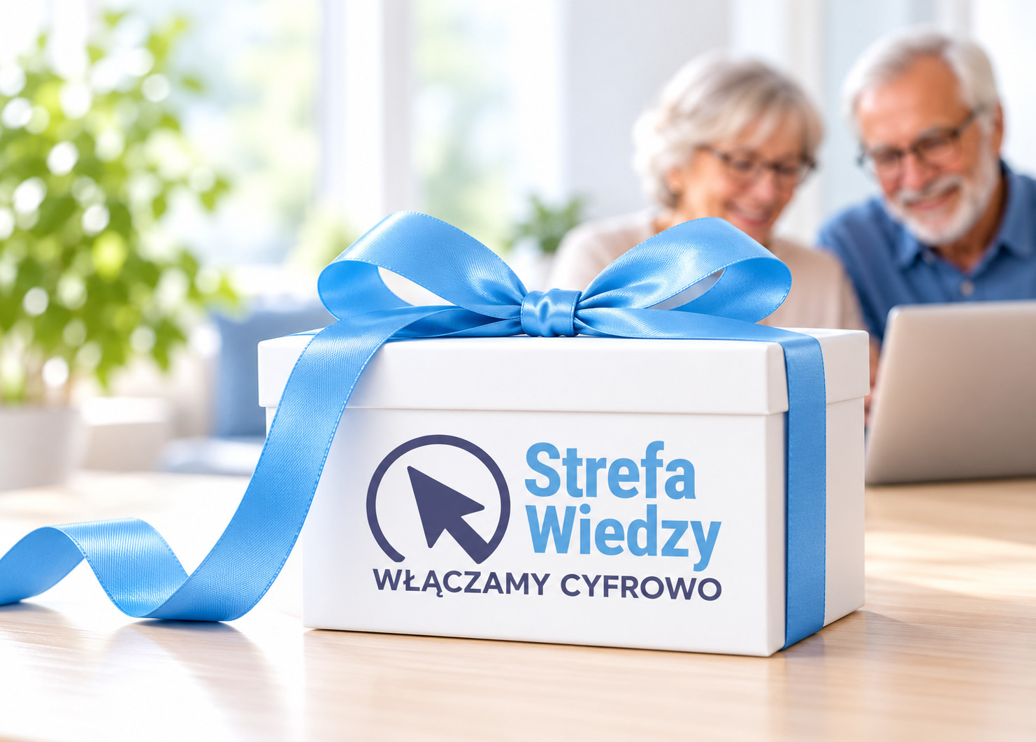Białe pudełko prezentowe z niebieską wstążką i logo Strefy Wiedzy. W tle, lekko rozmyci, kobieta i mężczyzna korzystający z laptopa.