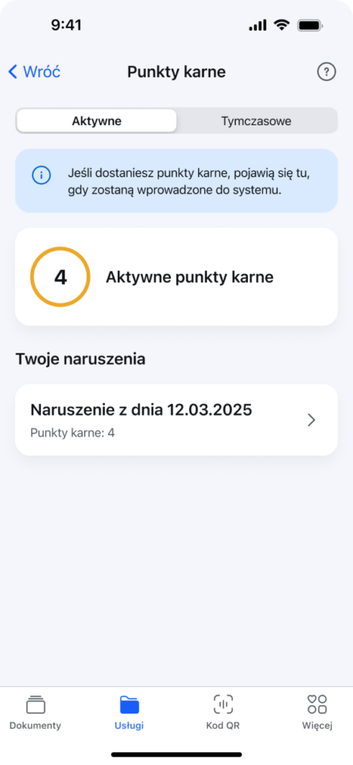 Jak sprawdzić punkty karne w mObywatelu? 1 Punkty karne w mObywatelu – ekran aplikacji z aktywnymi punktami karnymi i listą naruszeń