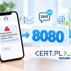 Smartfon z przykładem podejrzanej wiadomości SMS o dopłacie do paczki. Obok wyróżniony numer 8080, ikony wiadomości i zabezpieczeń oraz logo CERT.PL NASK.