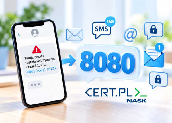 Smartfon z przykładem podejrzanej wiadomości SMS o dopłacie do paczki. Obok wyróżniony numer 8080, ikony wiadomości i zabezpieczeń oraz logo CERT.PL NASK.