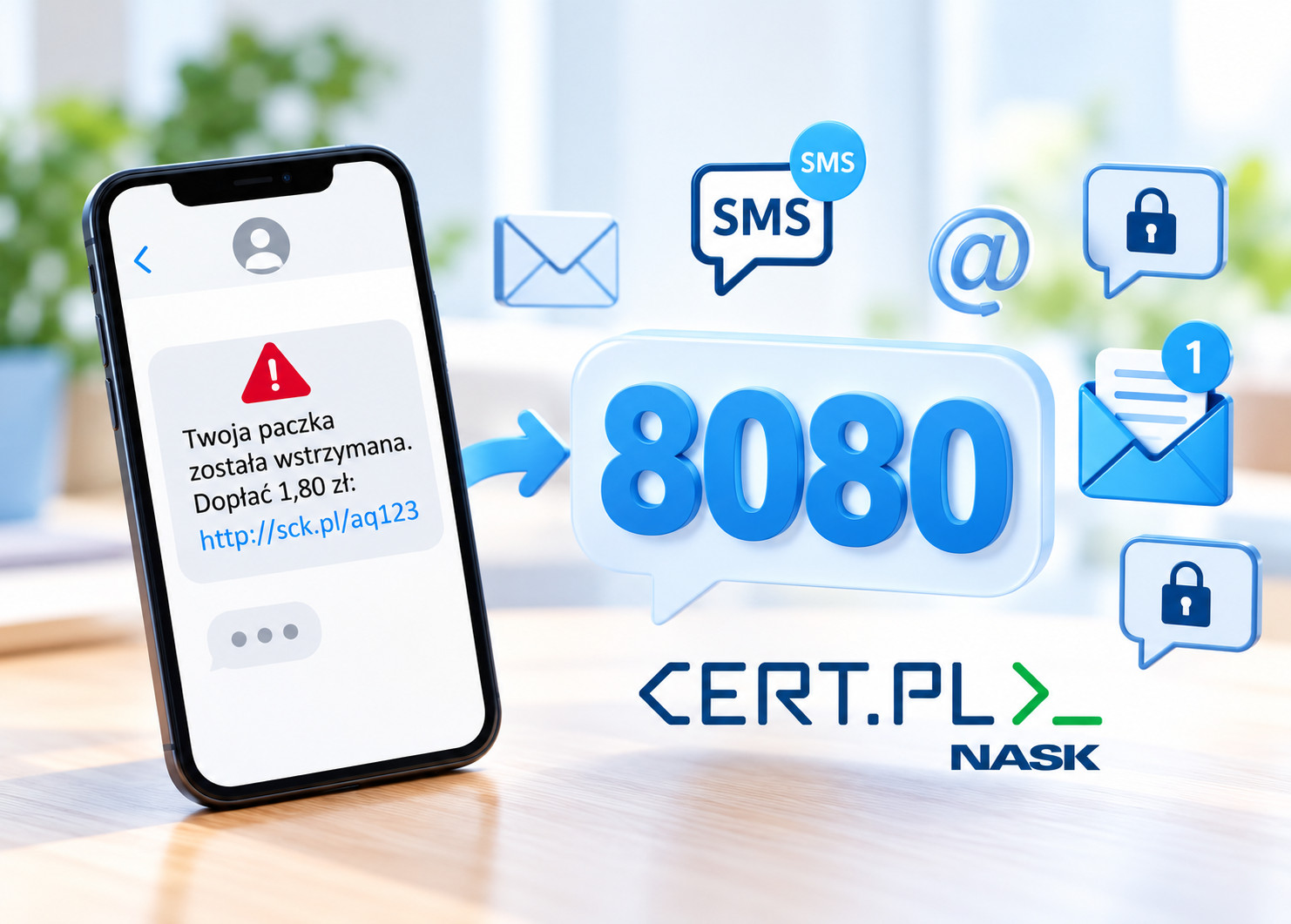 Smartfon z przykładem podejrzanej wiadomości SMS o dopłacie do paczki. Obok wyróżniony numer 8080, ikony wiadomości i zabezpieczeń oraz logo CERT.PL NASK.