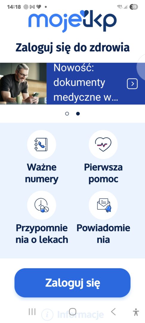 Ekran startowy aplikacji mojeIKP z kafelkiem Pierwsza pomoc