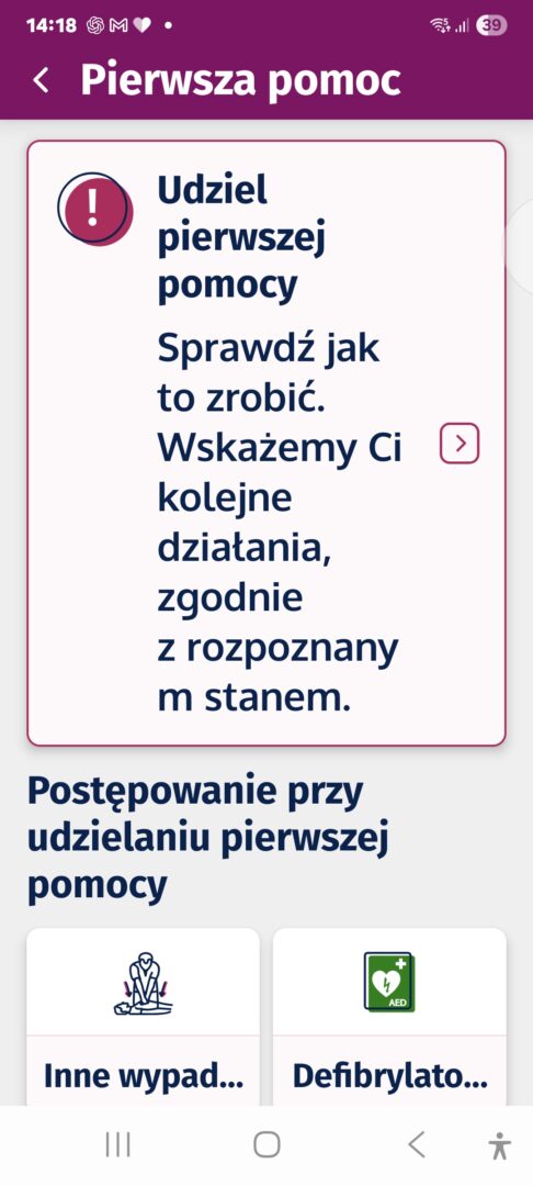 Ekran Pierwsza pomoc w aplikacji mojeIKP z polem Udziel pierwszej pomocy