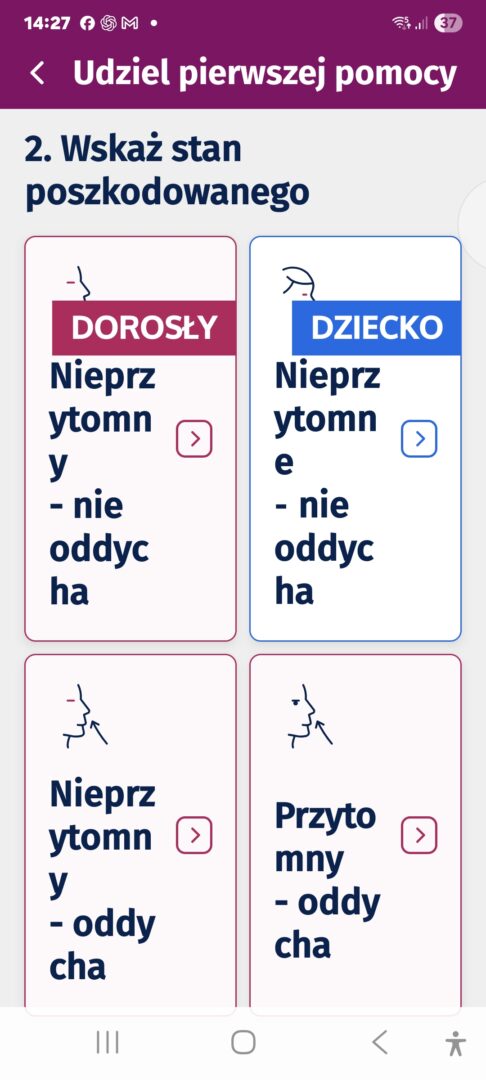 Pierwsza pomoc - Wybór stanu poszkodowanego w aplikacji mojeIKP
