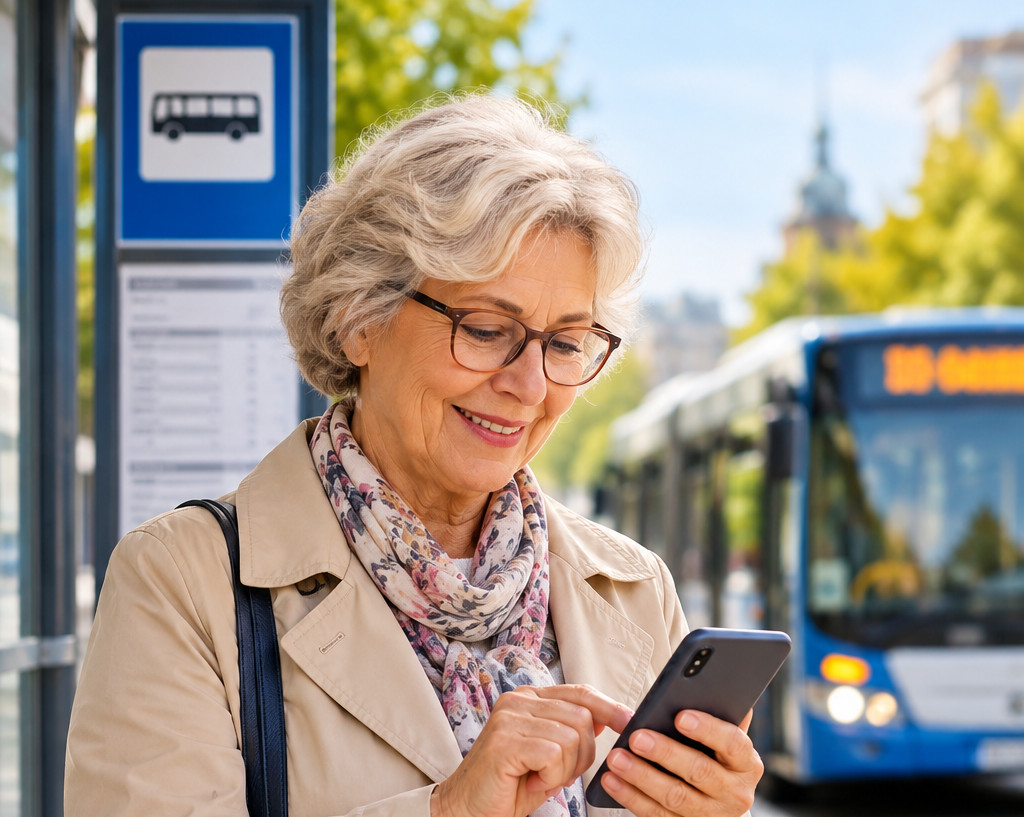 Starsza kobieta w okularach i jasnym płaszczu korzysta ze smartfona na przystanku autobusowym. W tle widać autobus komunikacji miejskiej.