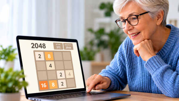Gra 2048 – seniorka przy laptopie z planszą gry logicznej, na której widoczne są kafelki z liczbami do łączenia.