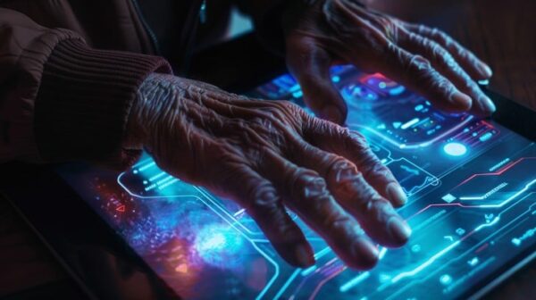 Starsza osoba trzyma dłonie na kolorowym ekranie z cyfrowym, futurystycznym interfejsem.