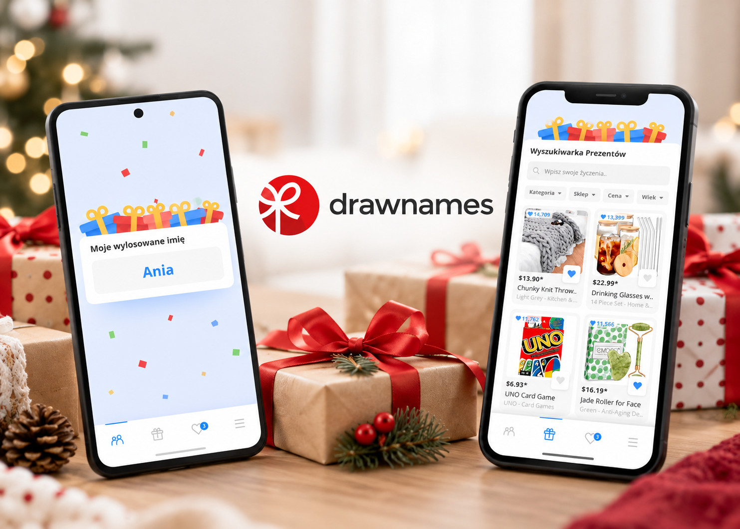 Dwa smartfony z aplikacją Drawnames na tle świątecznych prezentów. Pośrodku widoczne jest logo aplikacji.