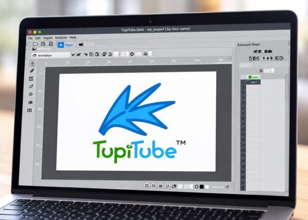 Ekran laptopa z otwartym programem do tworzenia animacji TupiTube i widocznym logo aplikacji.
