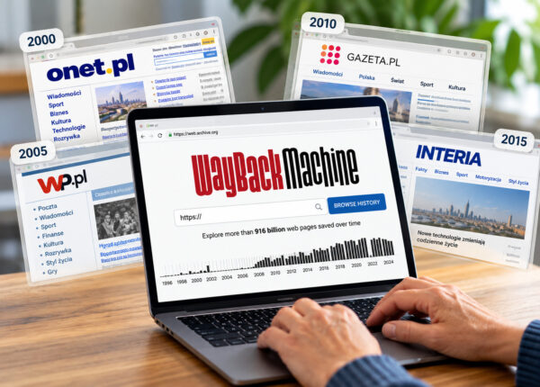 Laptop z otwartą stroną Wayback Machine. W tle archiwalne wersje polskich portali internetowych z różnych lat.