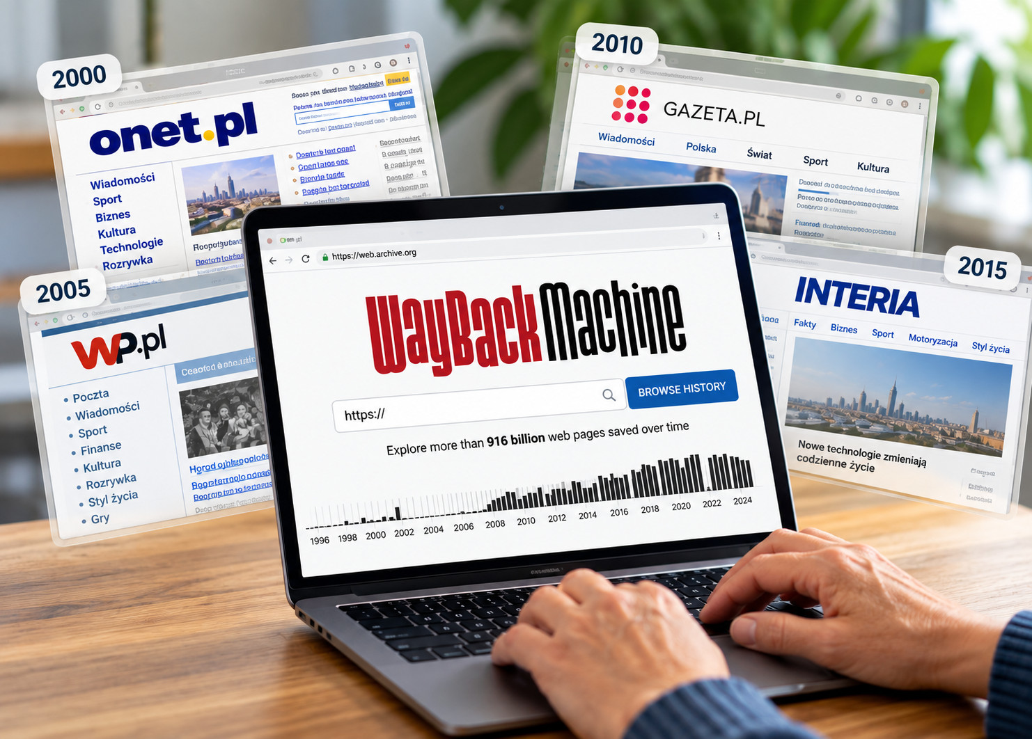 Laptop z otwartą stroną Wayback Machine. W tle archiwalne wersje polskich portali internetowych z różnych lat.