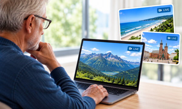 Starszy mężczyzna ogląda na laptopie obraz z kamery internetowej przedstawiający góry. Obok widoczne są dodatkowe podglądy na żywo – plaży i rynku miejskiego.