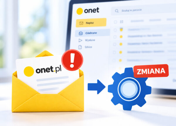 Na pierwszym planie żółta koperta z logo Onet.pl, symbolem ostrzeżenia oraz ikoną zmiany ustawień. W tle widoczny jest rozmyty ekran poczty Onet.