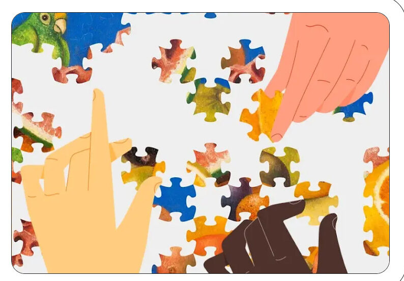 Animacja przedstawiająca układanie kolorowych puzzli. To charakterystyczna ilustracja z gry Google Arts & Culture – Puzzle Party.