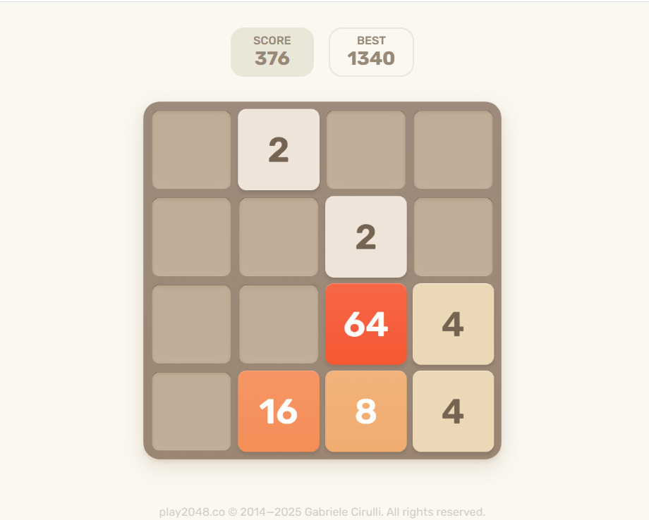 Plansza gry 2048 na stronie play2048.co – przykładowy ekran rozgrywki logicznej, kafelki z liczbami 2, 4, 8, 16 i 32 na układzie 4×4, ilustracja do poradnika jak grać w grę 2048.