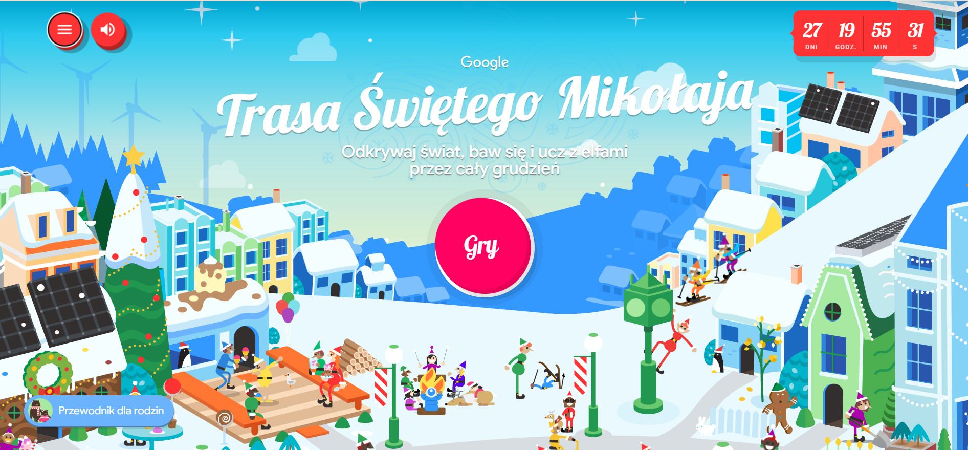 Santa Tracker Google – widok główny zimowej wioski z elfami, choinką i przyciskiem Gry.