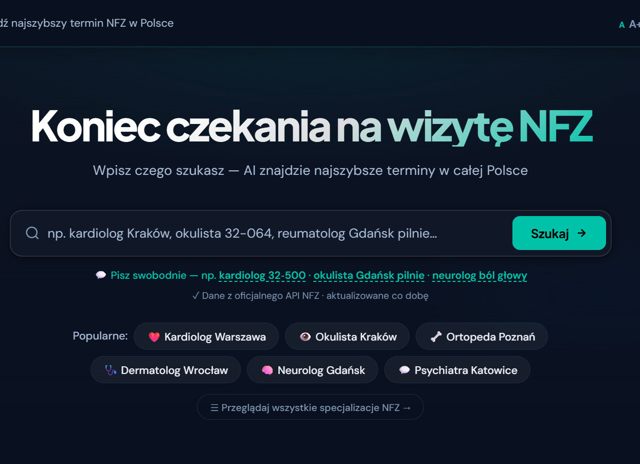 Wyszukiwarka terminów NFZ z AI pomagająca znaleźć szybszy termin do lekarza specjalisty