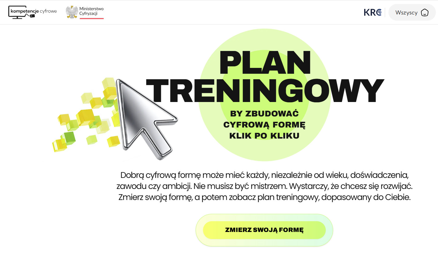 Plan treningowy programu Cyfrowa Forma pokazujący ścieżkę rozwijania kompetencji cyfrowych krok po kroku po wykonaniu testu kompetencji cyfrowych.